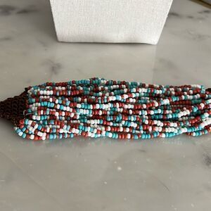 Bracelet seed beads crochet button white brown blue wood 8”